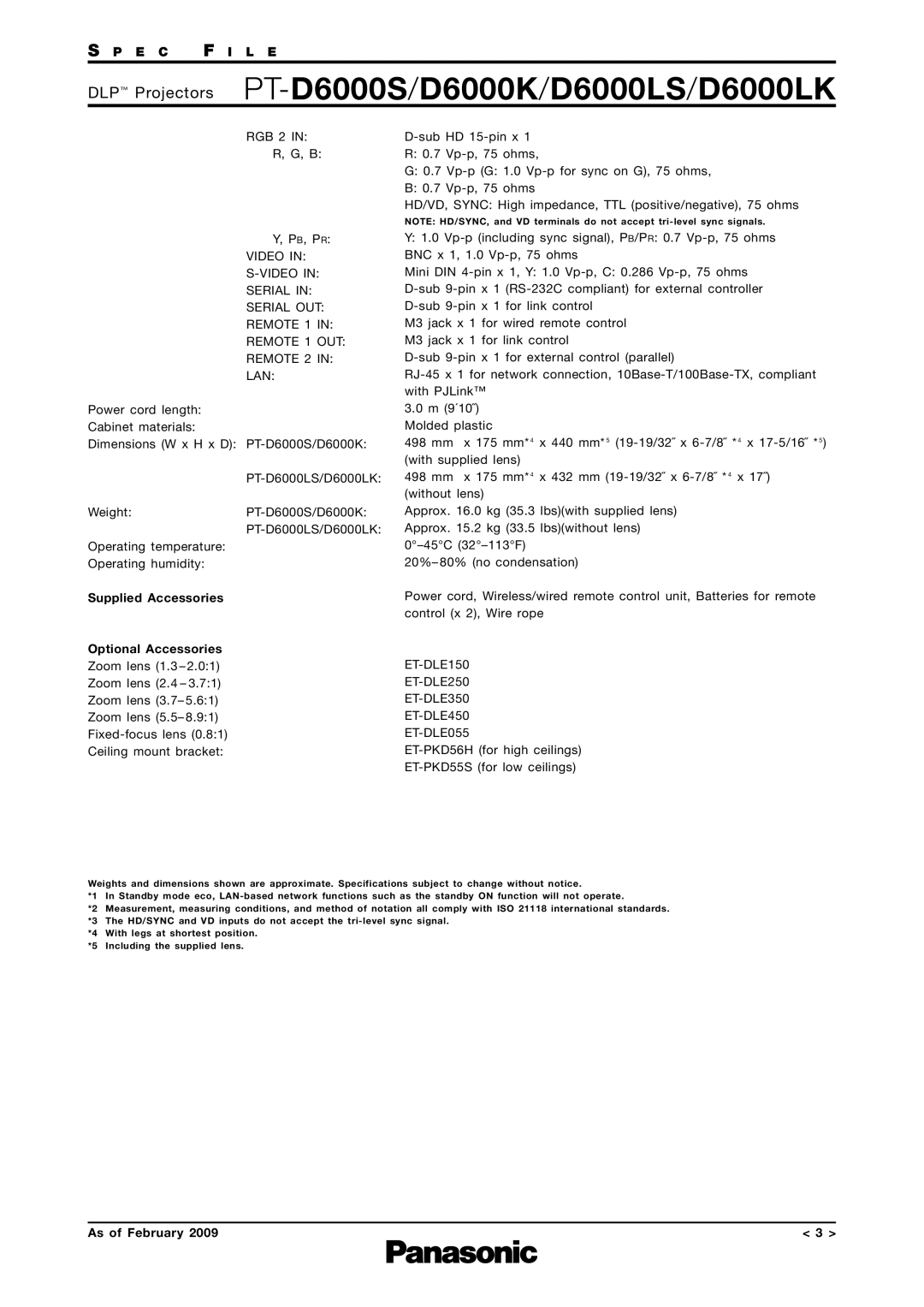 Panasonic PT-D6000K, PT-D6000LS, PT-D6000LK specifications DLP Projectors PT-D6000S/D6000K/D6000LS/D6000LK 