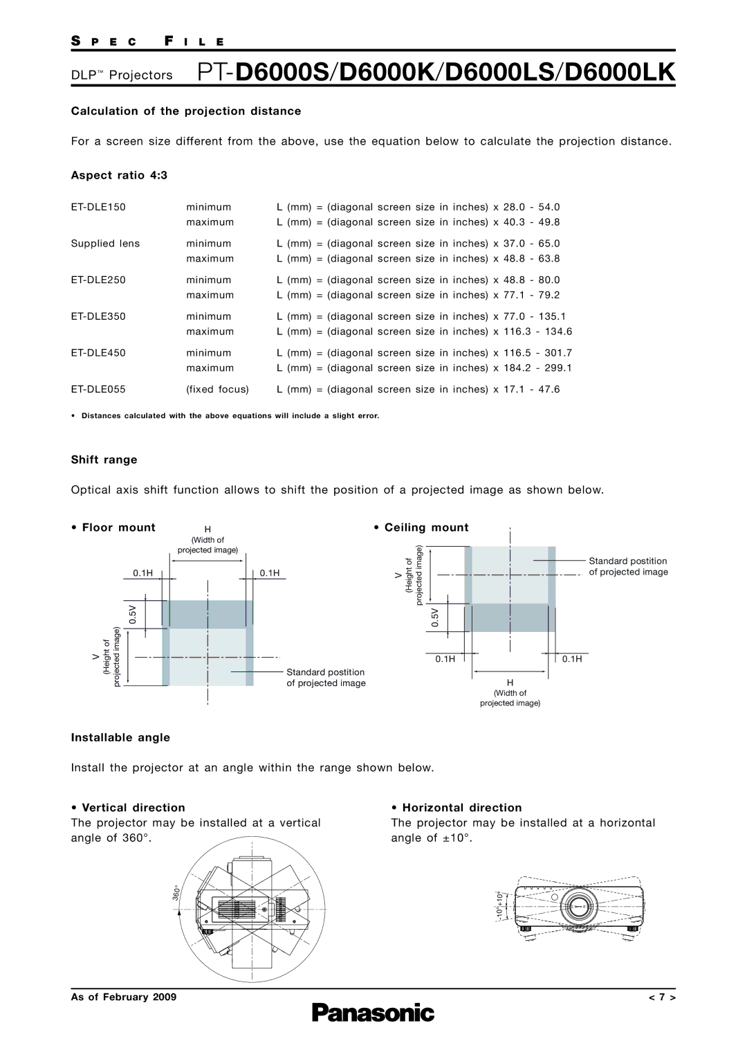 Panasonic PT-D6000S Calculation of the projection distance, Aspect ratio, Shift range, Floor mount, Ceiling mount 