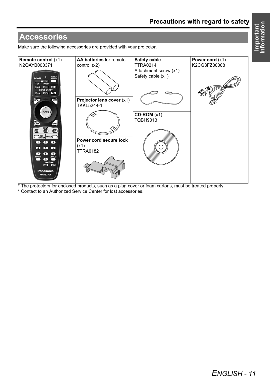 Panasonic PT-D6000U Accessories, Remote control x1 N2QAYB000371, Projector lens cover x1 TKKL5244-1 Power cord secure lock 