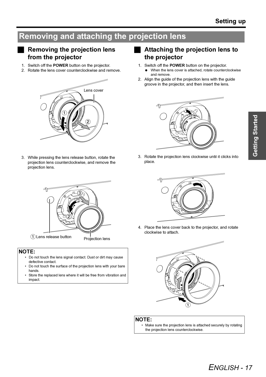 Panasonic PT-D6000U manual Removing and attaching the projection lens, Setting up, Removing the projection lens 