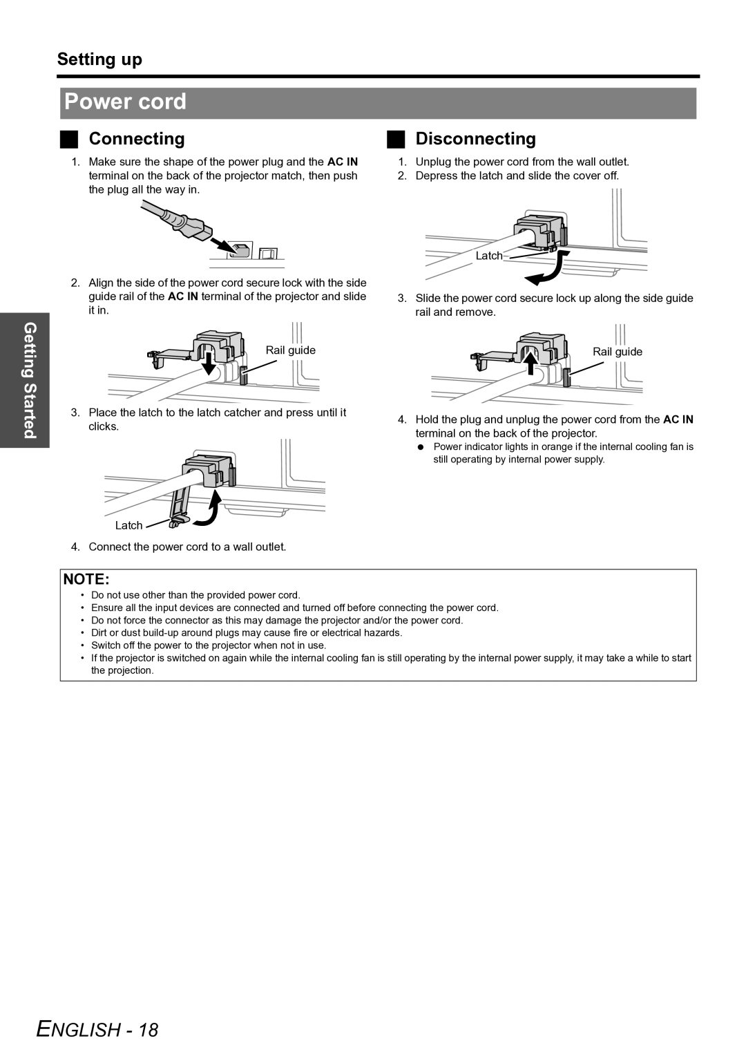 Panasonic PT-D6000U manual Power cord, Connecting Disconnecting 