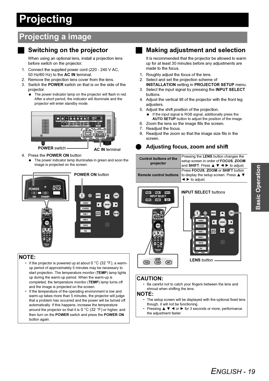 Panasonic PT-D6000U manual Projecting a image, Switching on the projector, Making adjustment and selection 