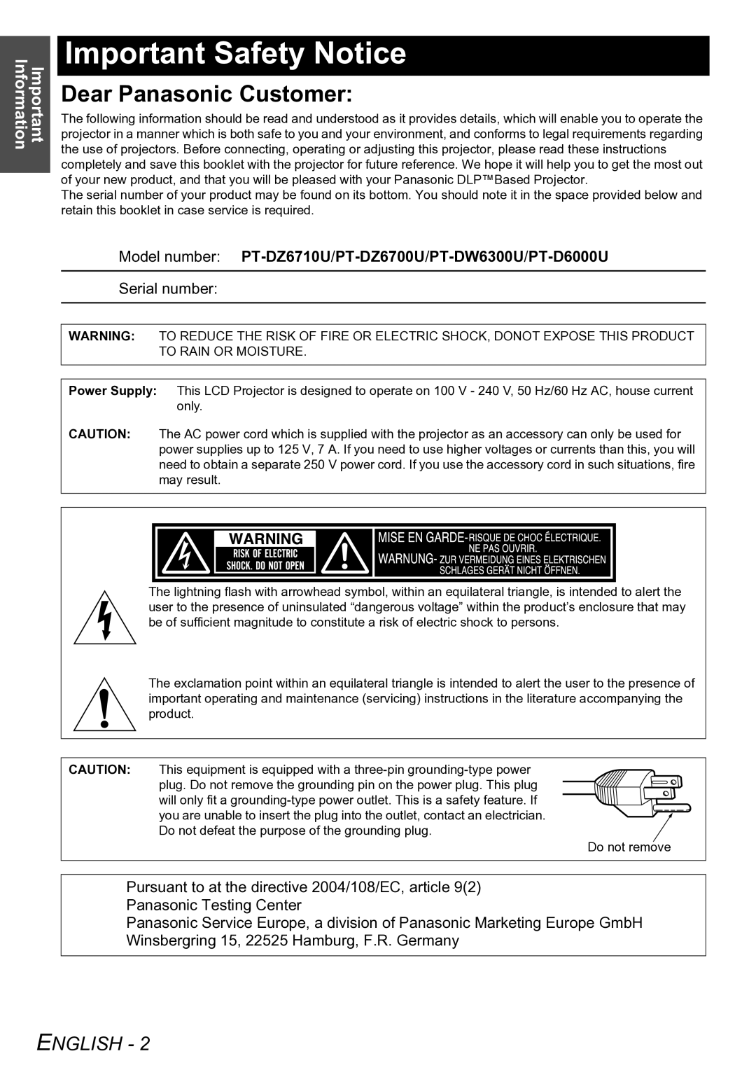 Panasonic manual Important Safety Notice, Model number PT-DZ6710U/PT-DZ6700U/PT-DW6300U/PT-D6000U 