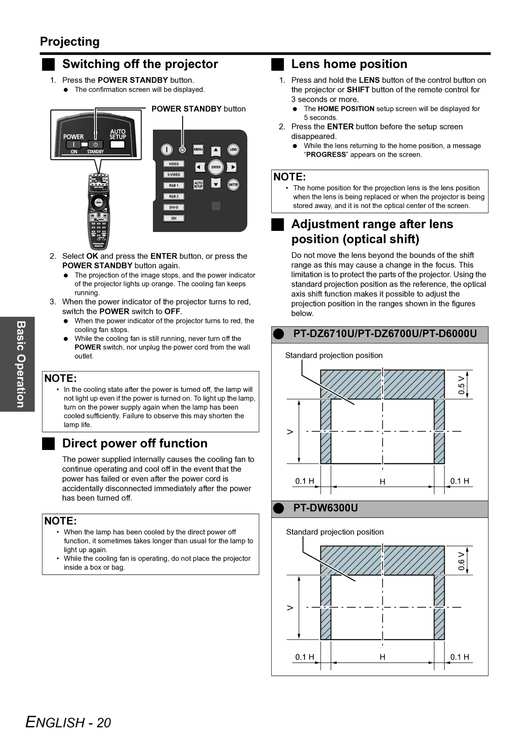 Panasonic PT-D6000U manual Projecting, Lens home position, Direct power off function, PT-DW6300U 