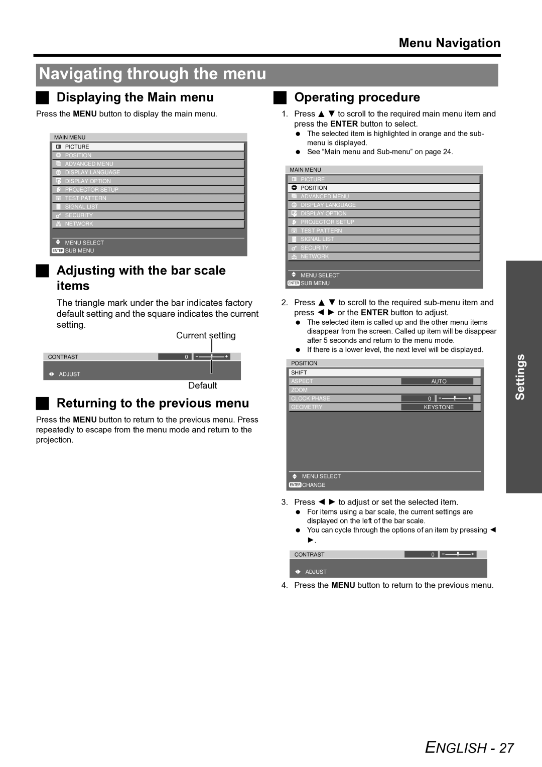 Panasonic PT-D6000U manual Navigating through the menu, Displaying the Main menu, Adjusting with the bar scale items 