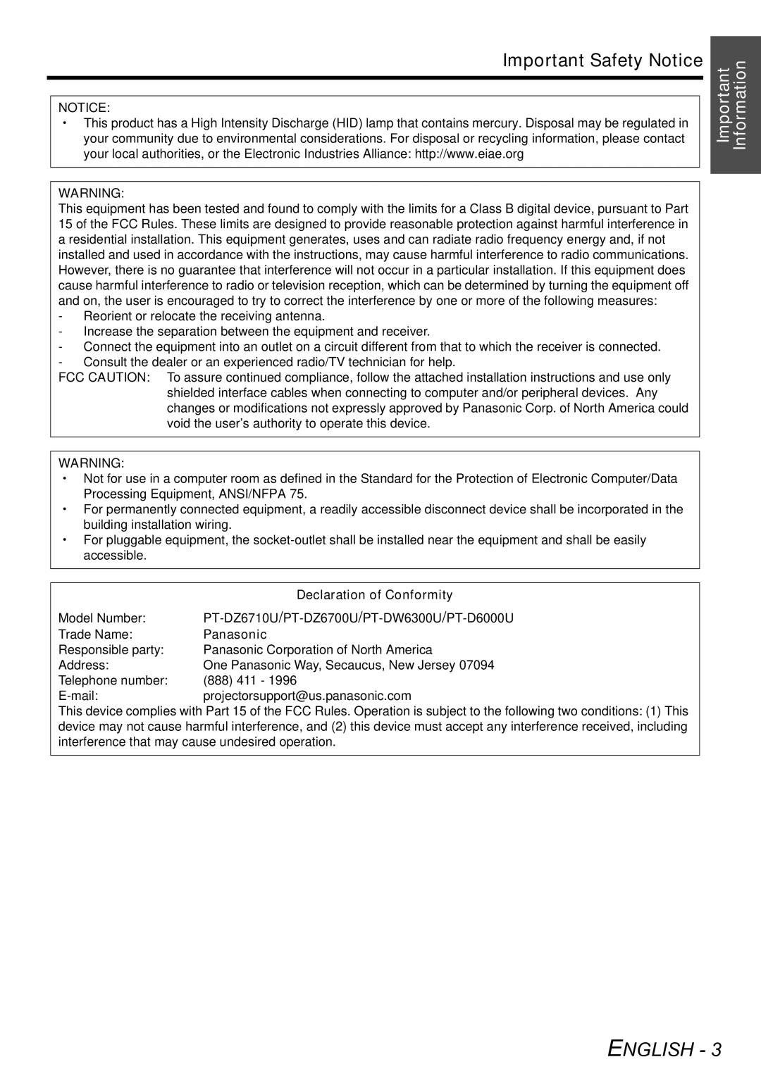 Panasonic Important Safety Notice, Declaration of Conformity, PT-DZ6710U /PT-DZ6700U /PT-DW6300U /PT-D6000U, Panasonic 