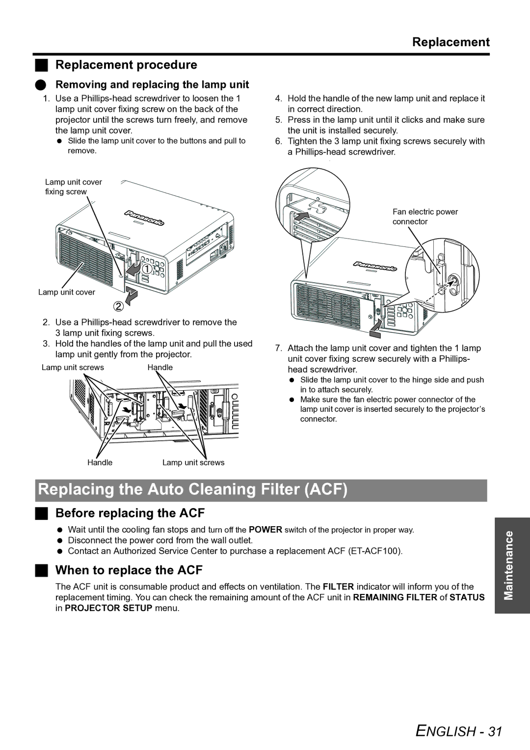 Panasonic PT-D6000U Replacing the Auto Cleaning Filter ACF, Replacement Replacement procedure, Before replacing the ACF 