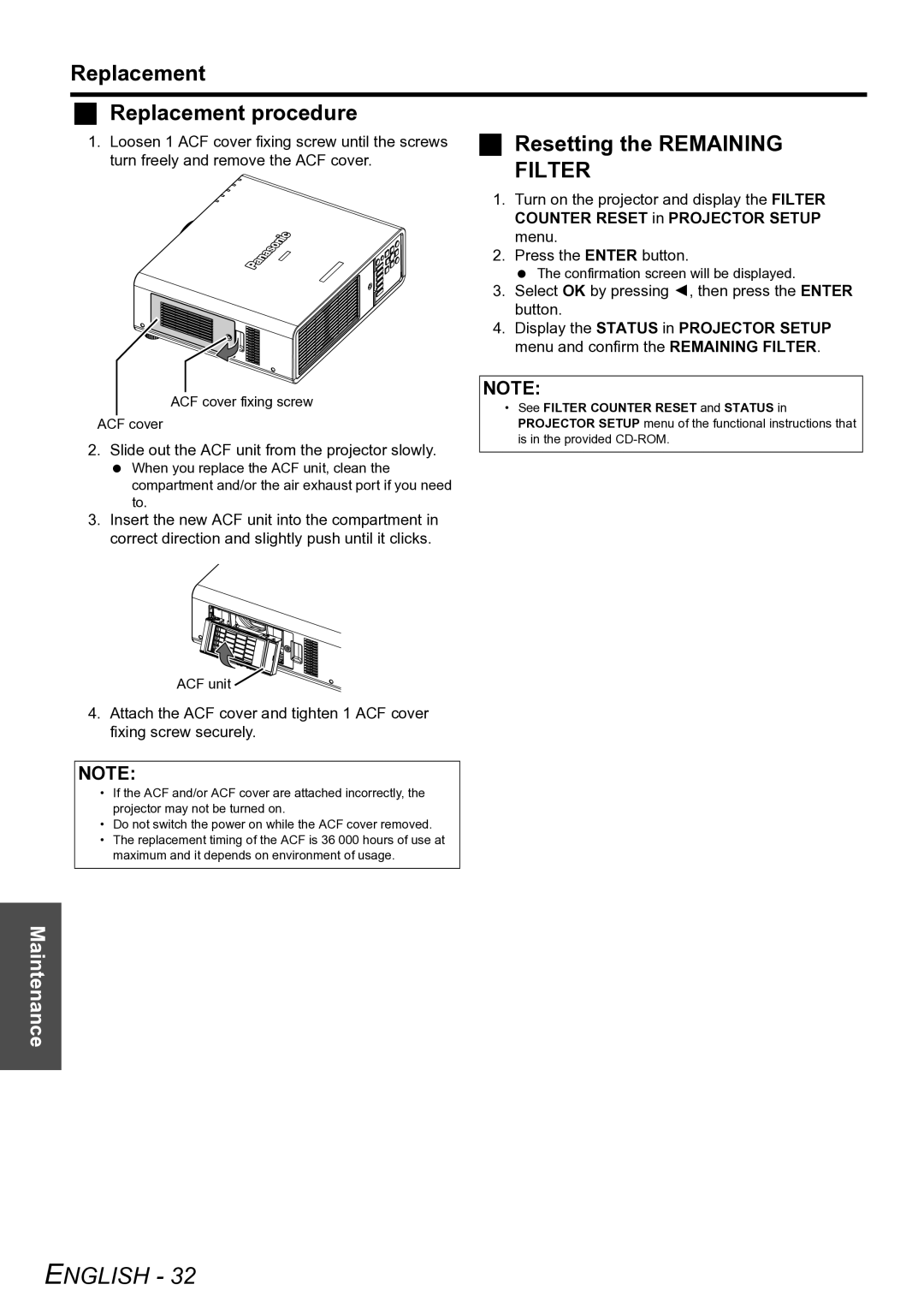 Panasonic PT-D6000U manual Resetting the Remaining, Counter Reset in Projector Setup 