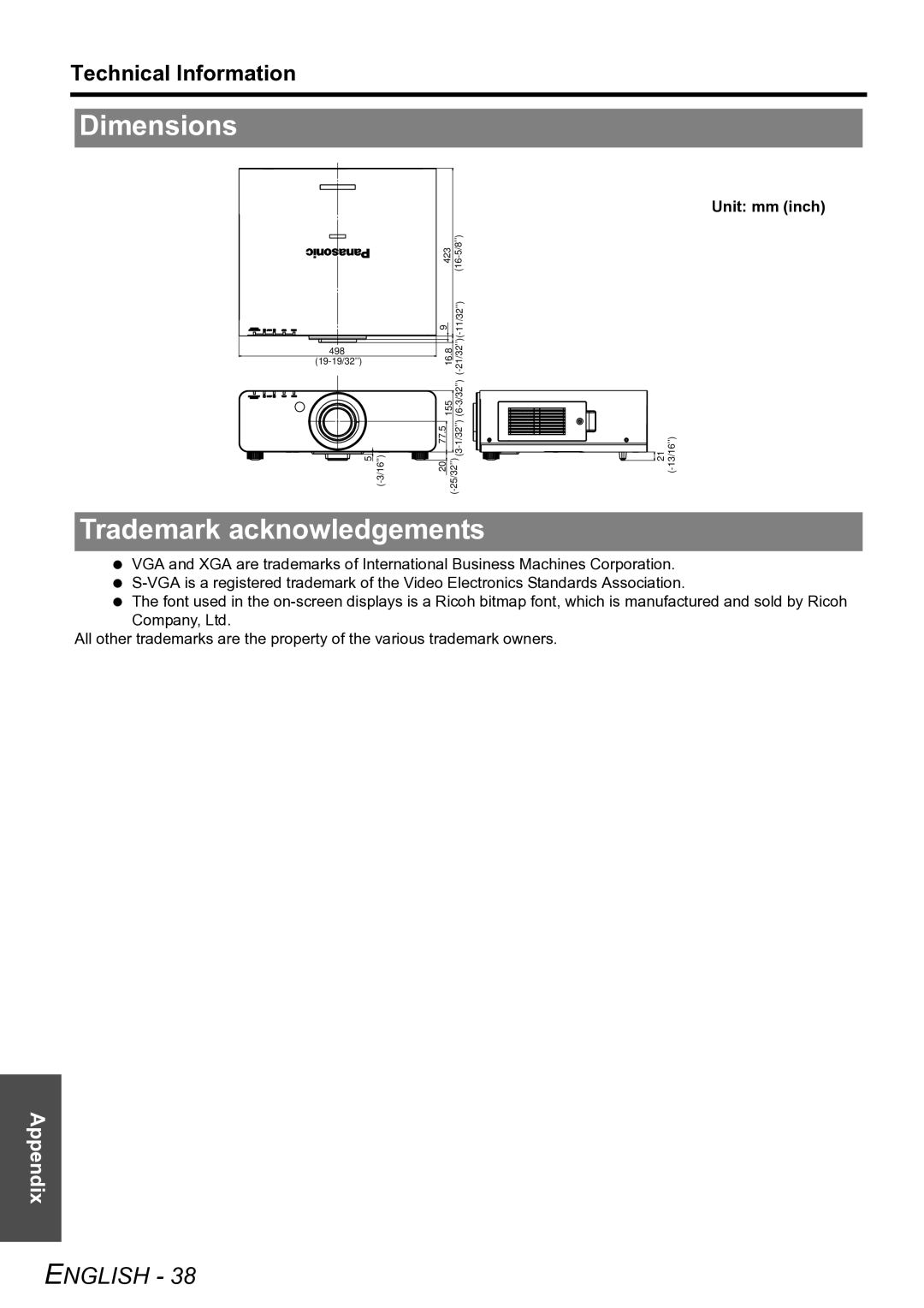 Panasonic PT-D6000U manual Dimensions, Trademark acknowledgements, Unit mm inch 