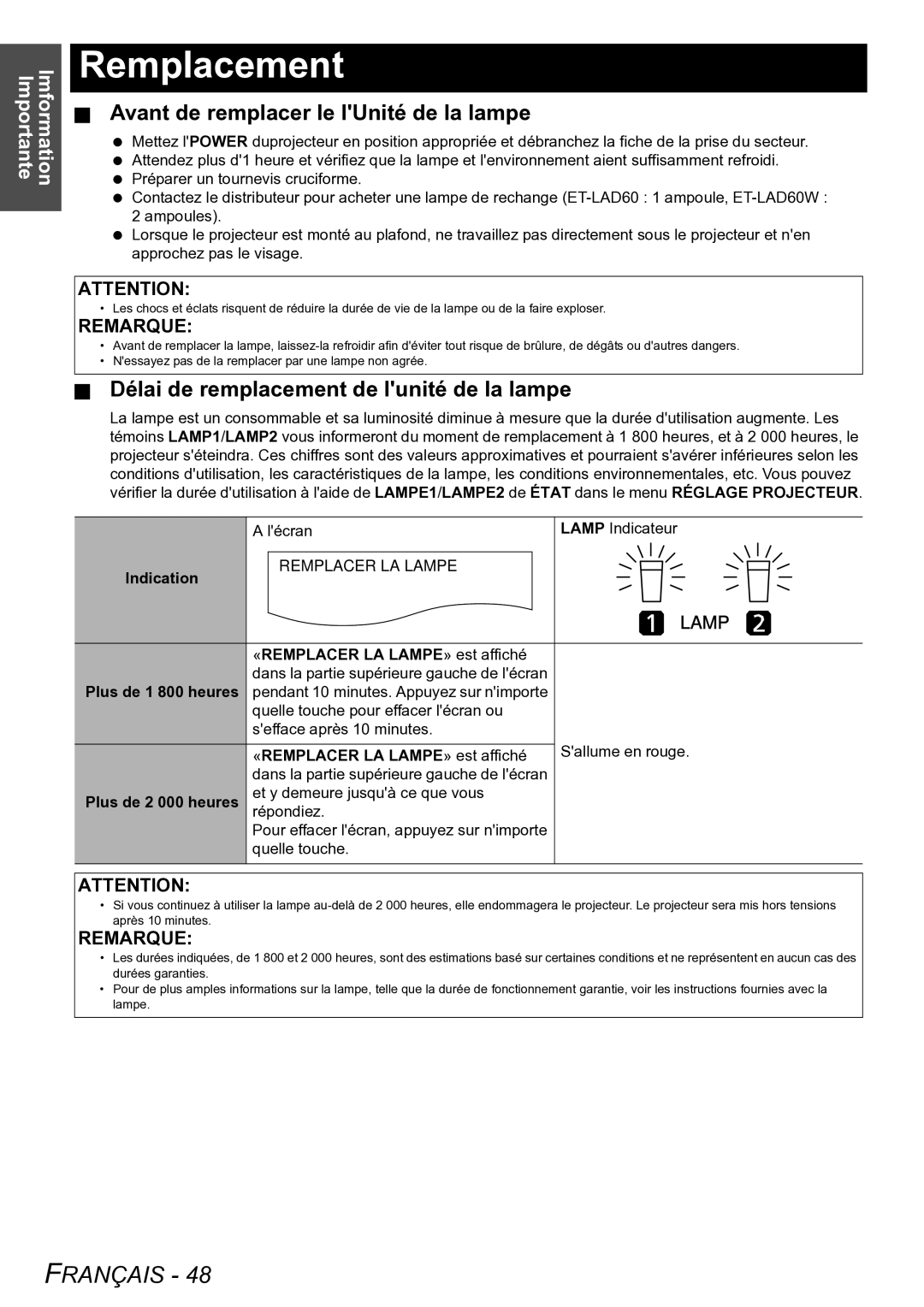 Panasonic PT-D6000U Remplacement, Avant de remplacer le lUnité de la lampe, Délai de remplacement de lunité de la lampe 