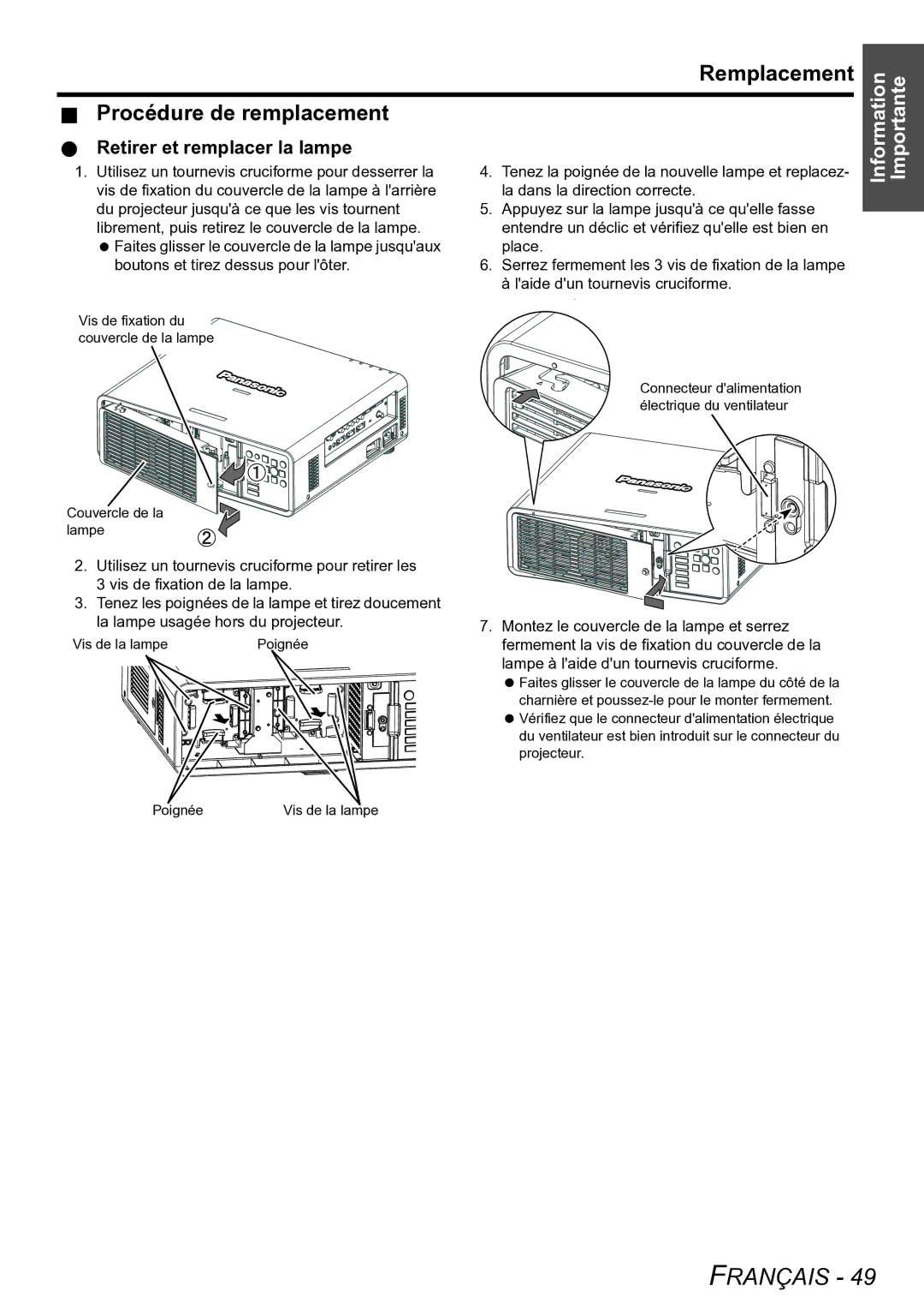 Panasonic PT-D6000U manual Remplacement Procédure de remplacement, Retirer et remplacer la lampe 