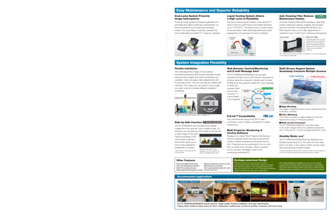 Panasonic PT-DW6300US, PT-D6000US manual Easy Maintenance and Superior Reliability, System Integration Flexibility 