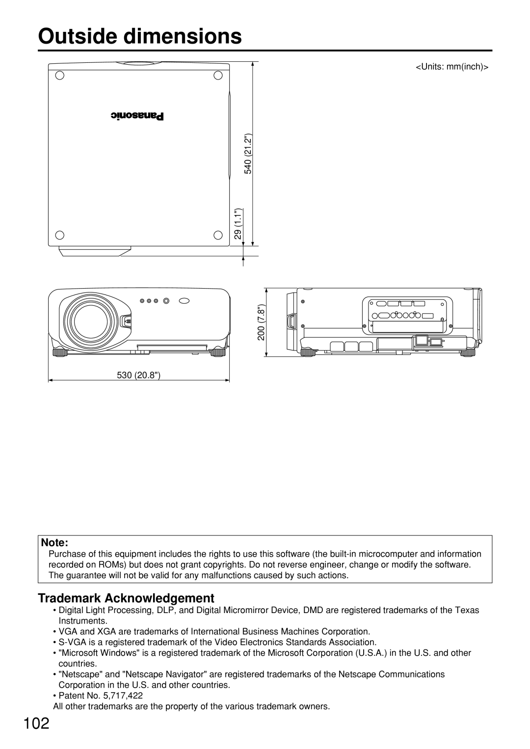 Panasonic PT-D7500U manual Outside dimensions, Trademark Acknowledgement, Units mminch 