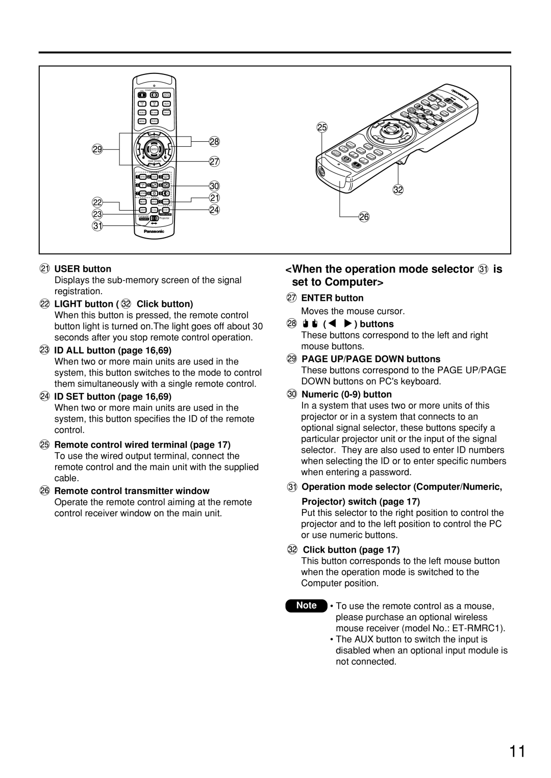 Panasonic PT-D7500U manual When the operation mode selector is set to Computer 