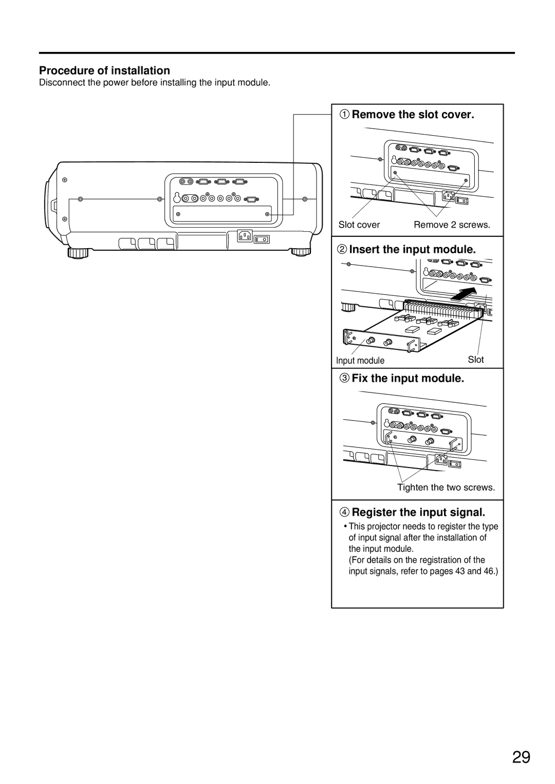 Panasonic PT-D7500U manual Procedure of installation, Remove the slot cover, Insert the input module, Fix the input module 