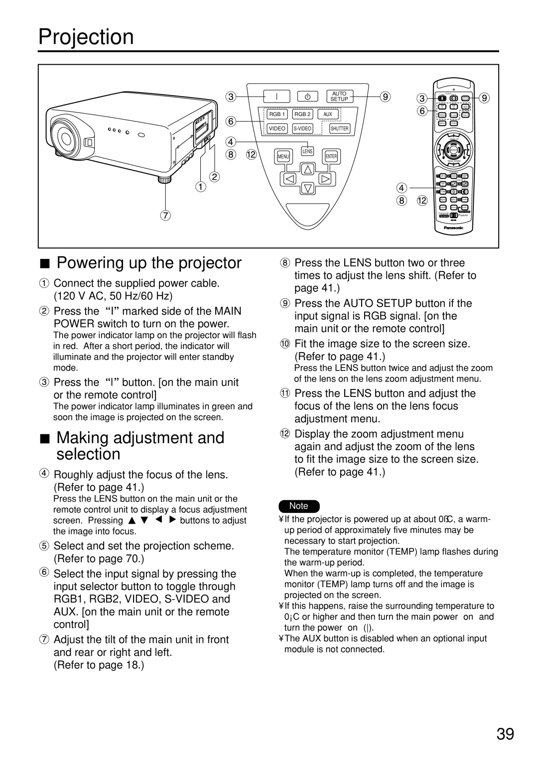 Panasonic PT-D7500U manual Projection, Powering up the projector, Making adjustment and selection 