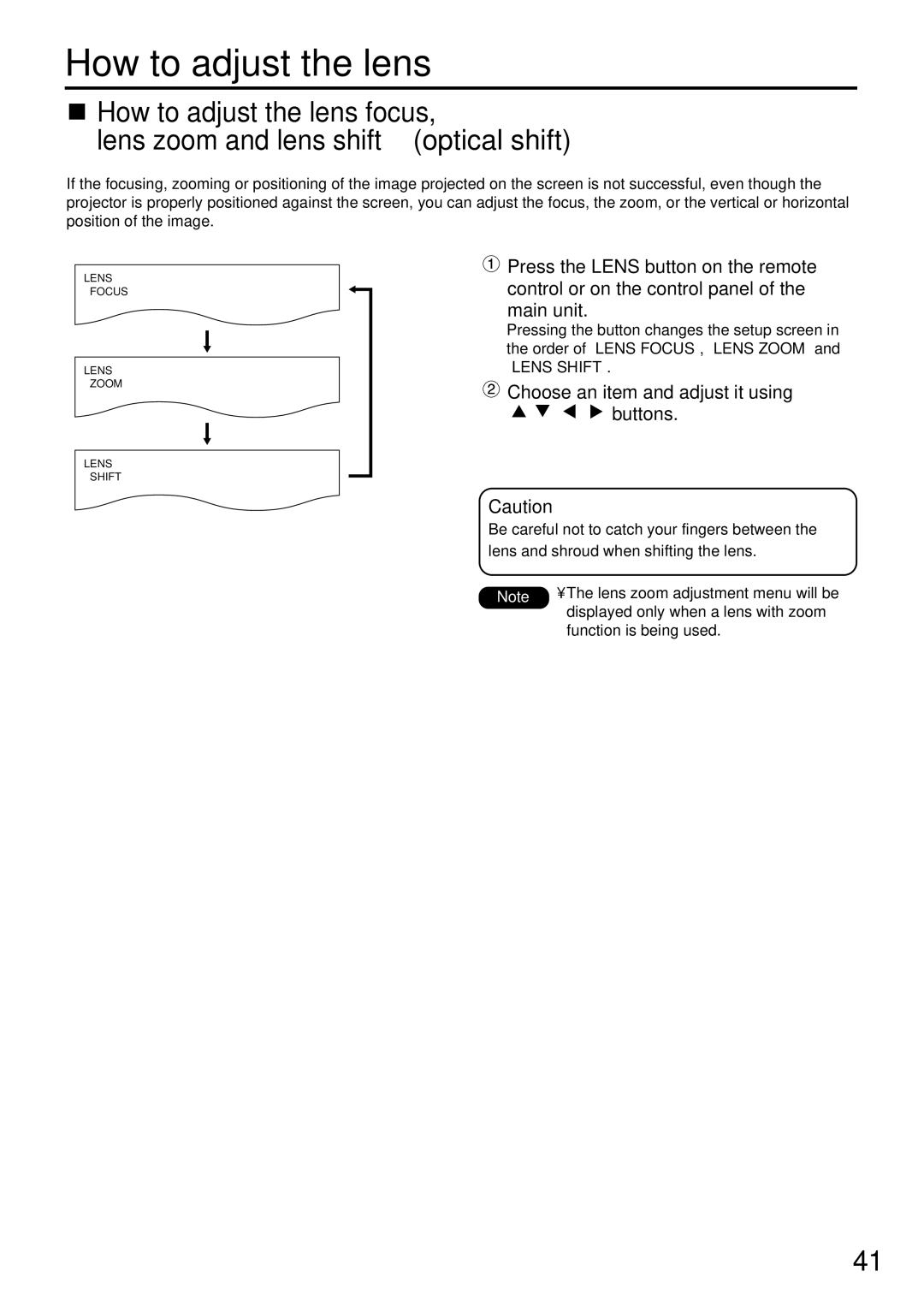 Panasonic PT-D7500U manual How to adjust the lens, Choose an item and adjust it using Buttons 