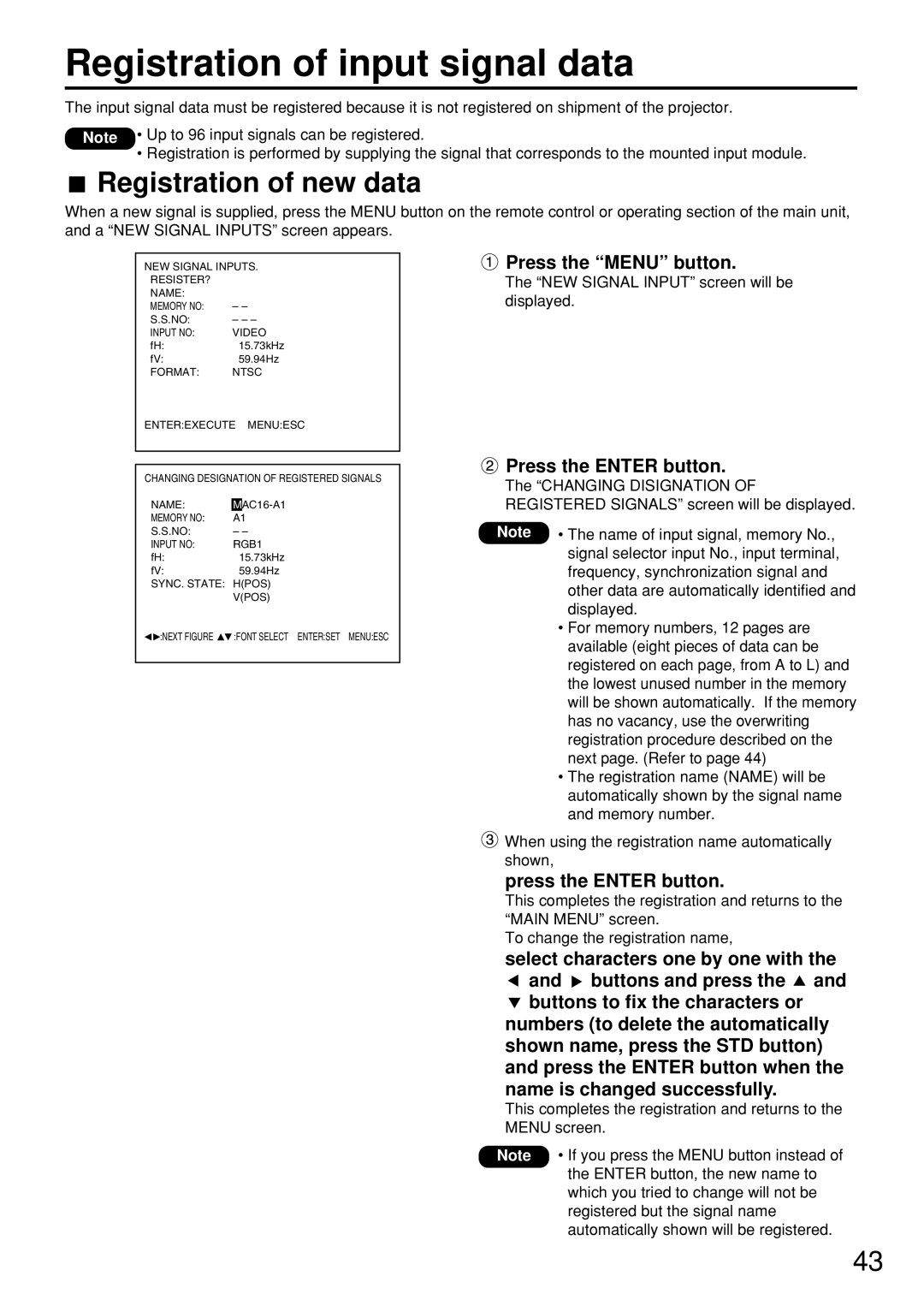 Panasonic PT-D7500U manual Registration of input signal data, Registration of new data, Press the Menu button 