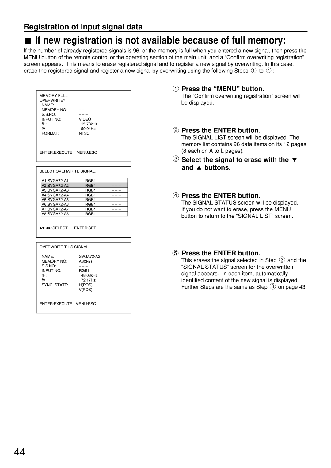 Panasonic PT-D7500U manual If new registration is not available because of full memory, Registration of input signal data 