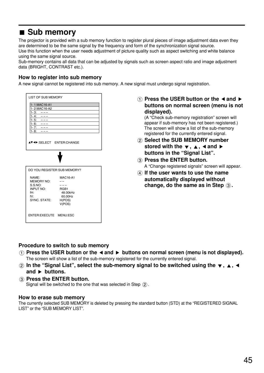 Panasonic PT-D7500U manual Sub memory, How to register into sub memory, How to erase sub memory 