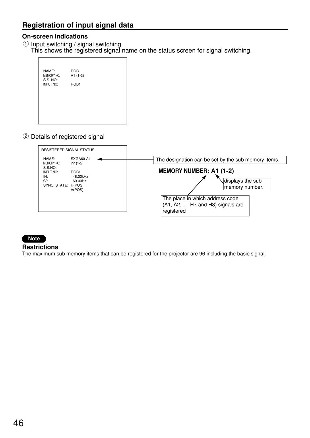 Panasonic PT-D7500U manual On-screen indications, Restrictions, Designation can be set by the sub memory items 