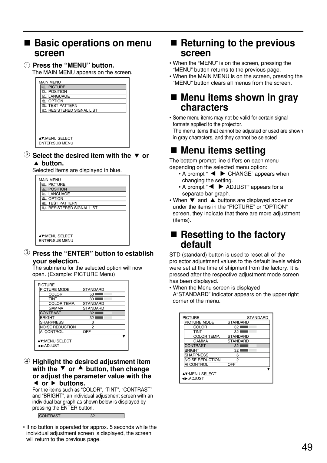 Panasonic PT-D7500U Basic operations on menu screen, Returning to the previous screen, Menu items shown in gray characters 