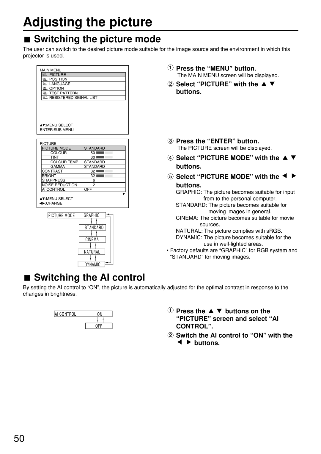 Panasonic PT-D7500U manual Adjusting the picture, Switching the picture mode, Switching the AI control 