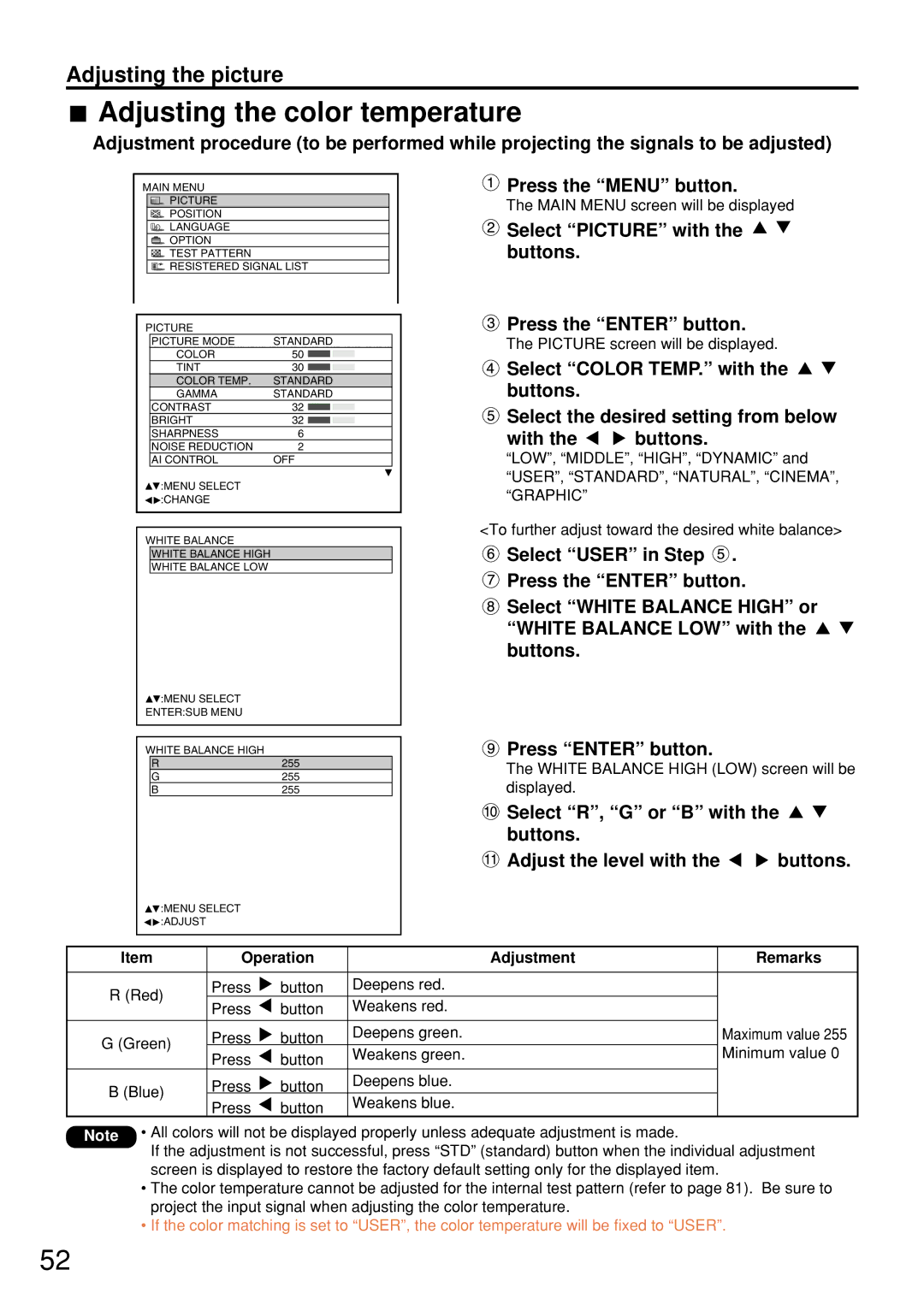 Panasonic PT-D7500U manual Adjusting the color temperature, Adjusting the picture, USER, STANDARD, NATURAL, CINEMA, Graphic 