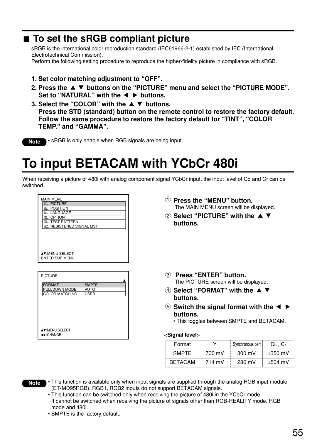 Panasonic PT-D7500U manual To input Betacam with YCbCr, To set the sRGB compliant picture, Signal level, Smpte 