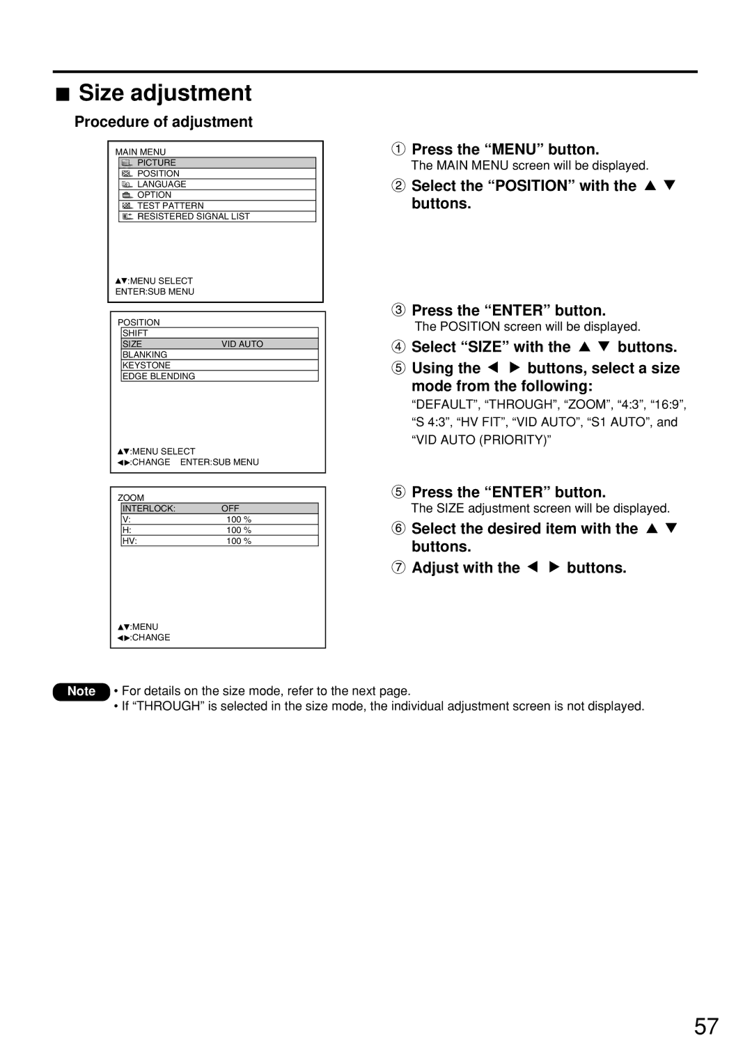 Panasonic PT-D7500U manual Size adjustment screen will be displayed 