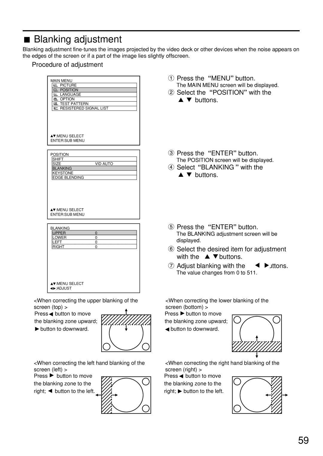 Panasonic PT-D7500U manual Blanking adjustment, Select Blanking with the buttons Press the Enter button 