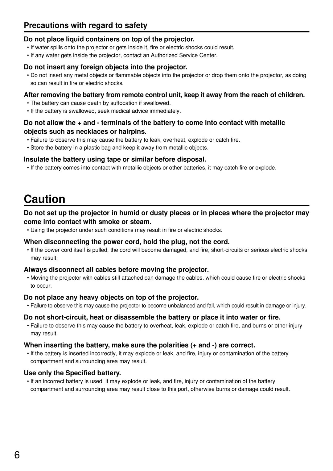 Panasonic PT-D7500U manual Precautions with regard to safety 