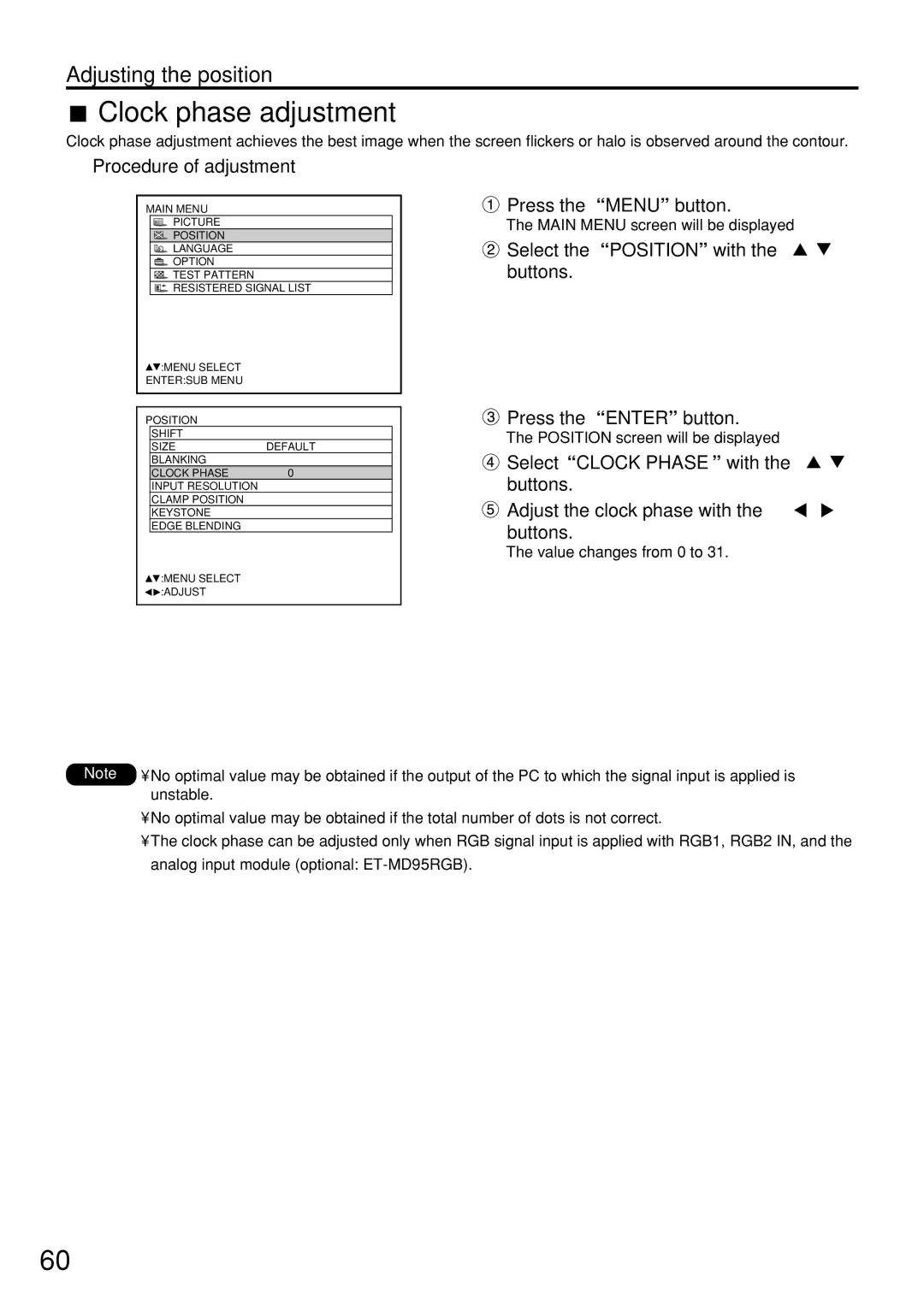 Panasonic PT-D7500U manual Clock phase adjustment 