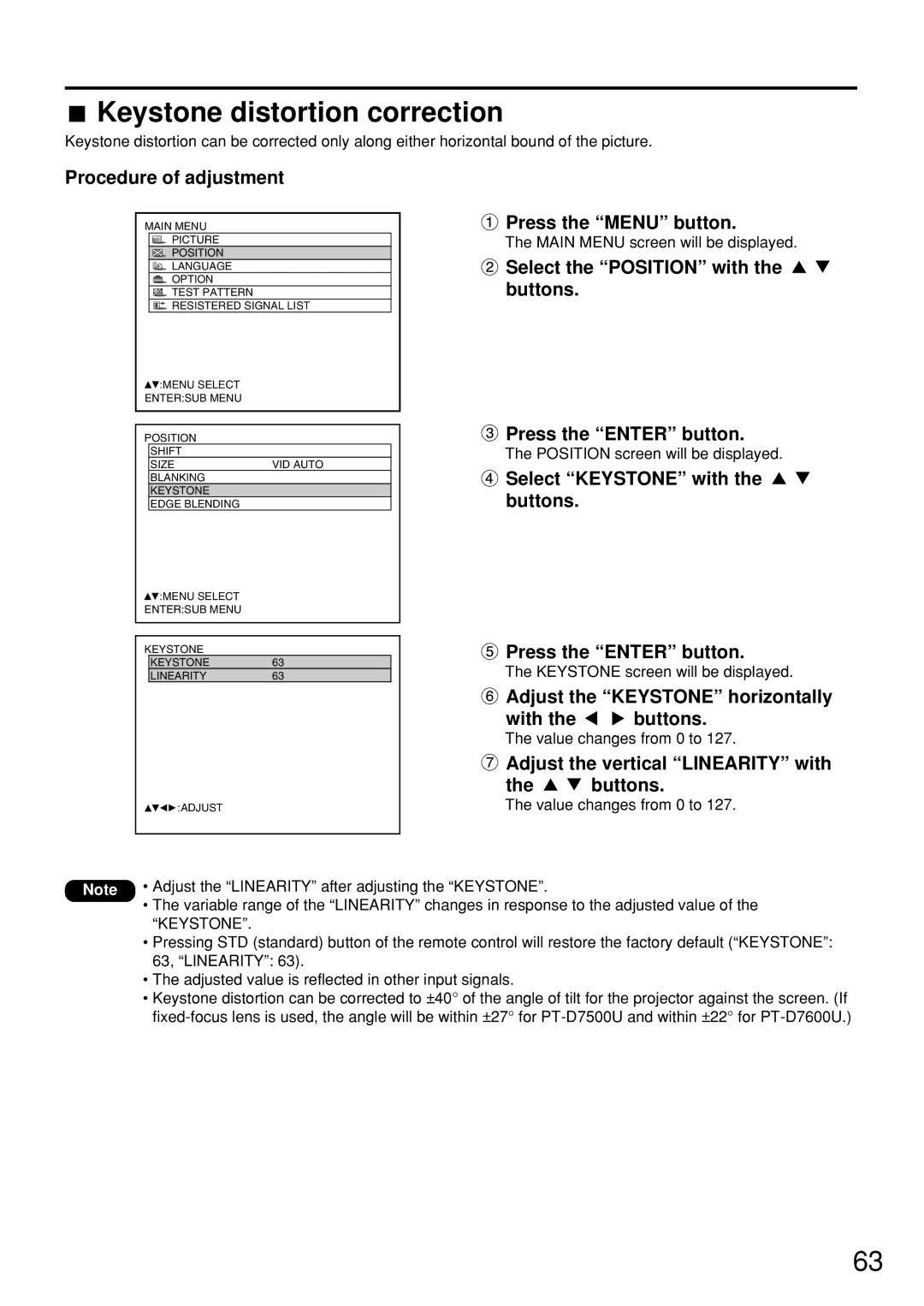 Panasonic PT-D7500U manual Keystone distortion correction, Select Keystone with the buttons Press the Enter button 
