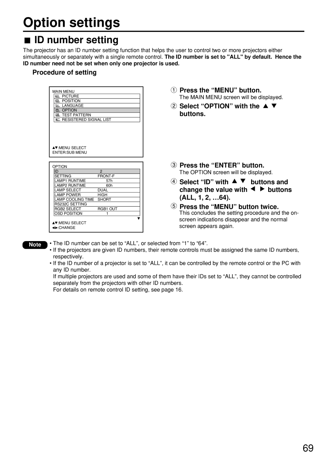 Panasonic PT-D7500U manual Option settings, ID number setting, ID number need not be set when only one projector is used 