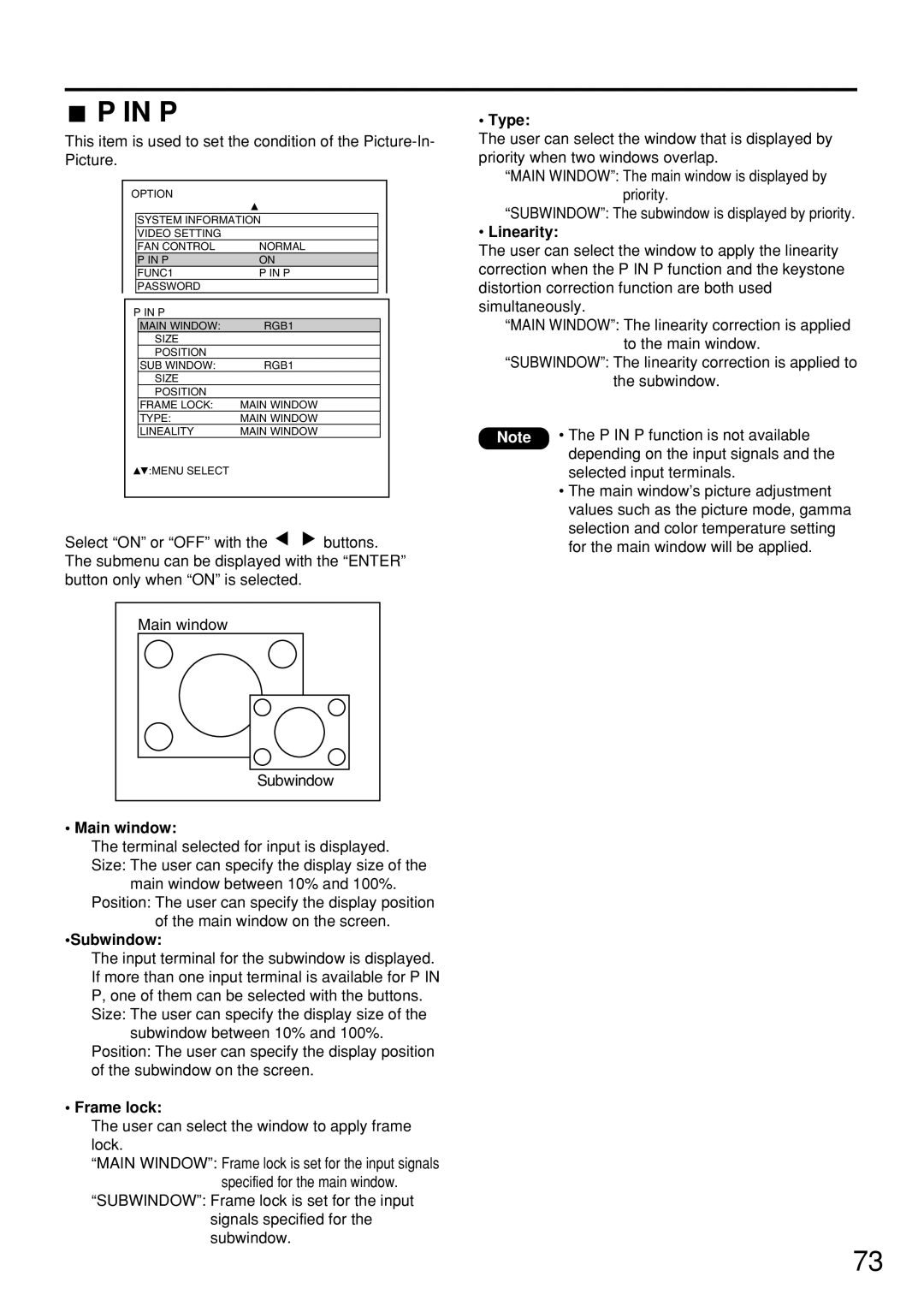 Panasonic PT-D7500U manual Main window, Subwindow, Frame lock, Type, Linearity 