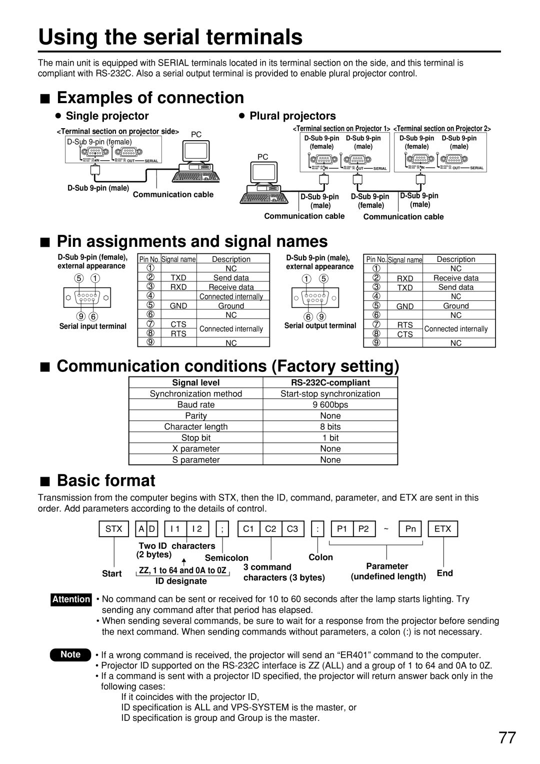 Panasonic PT-D7500U Using the serial terminals, Examples of connection, Pin assignments and signal names, Basic format 