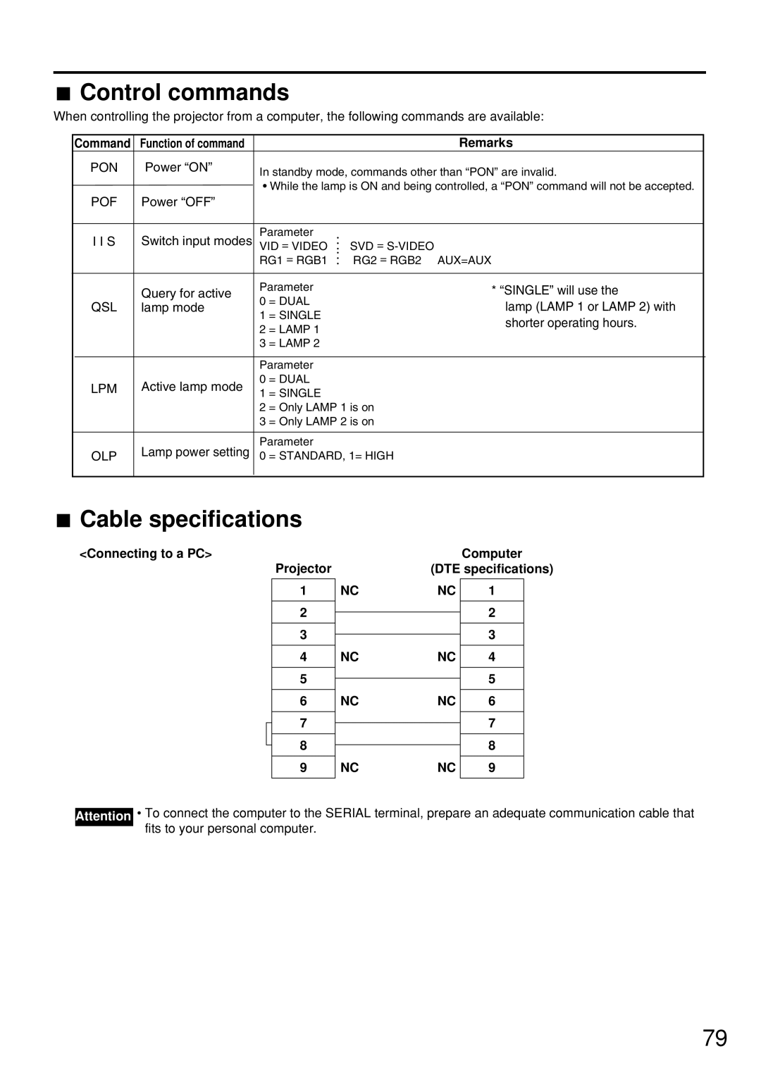 Panasonic PT-D7500U manual Control commands, Cable specifications, Connecting to a PC Computer Projector DTE specifications 