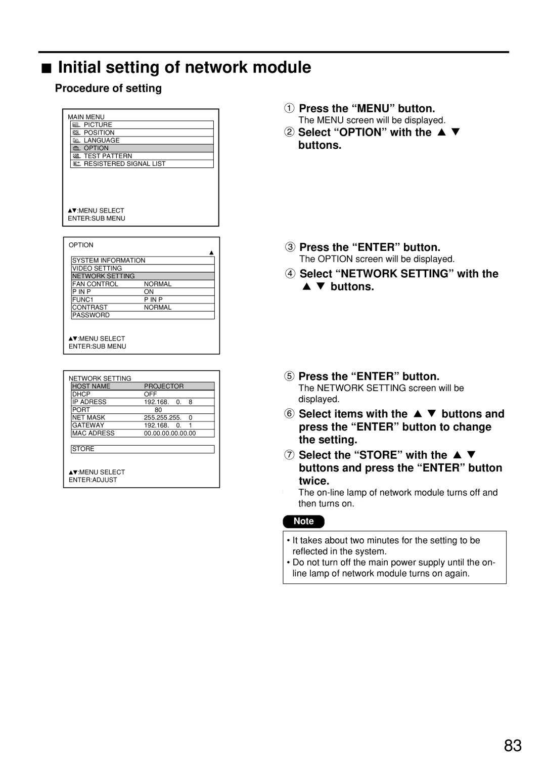 Panasonic PT-D7500U manual Initial setting of network module, Menu screen will be displayed 