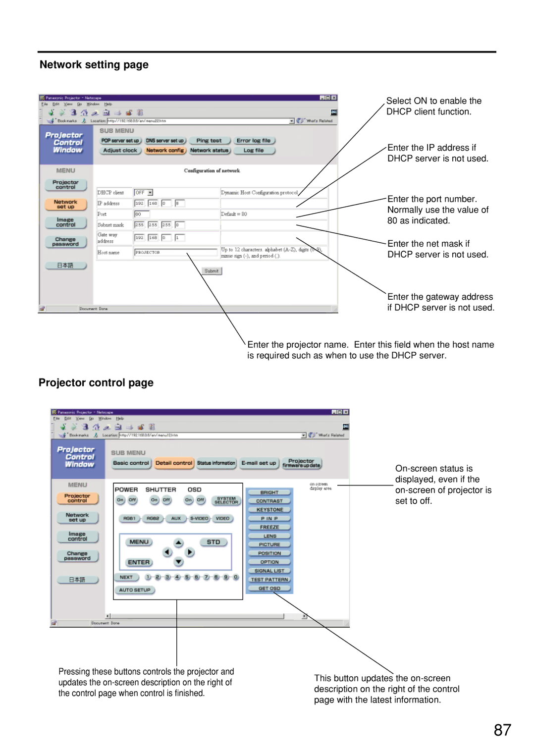 Panasonic PT-D7500U manual Network setting Projector control 