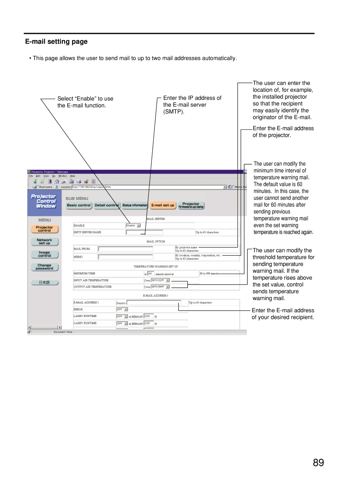 Panasonic PT-D7500U manual Mail setting, Smtp 