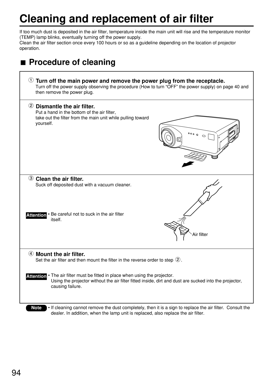 Panasonic PT-D7500U manual Cleaning and replacement of air filter, Procedure of cleaning, Dismantle the air filter 