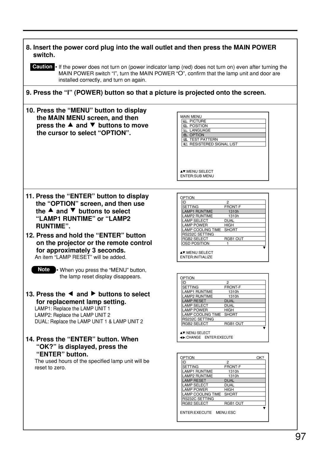 Panasonic PT-D7500U manual Press the Enter button. When OK? is displayed, press, An item Lamp Reset will be added 