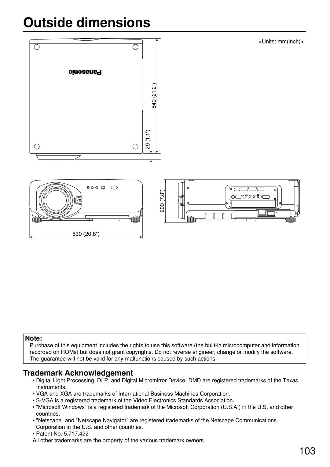 Panasonic PT-D7600U operating instructions Outside dimensions, Units mminch 