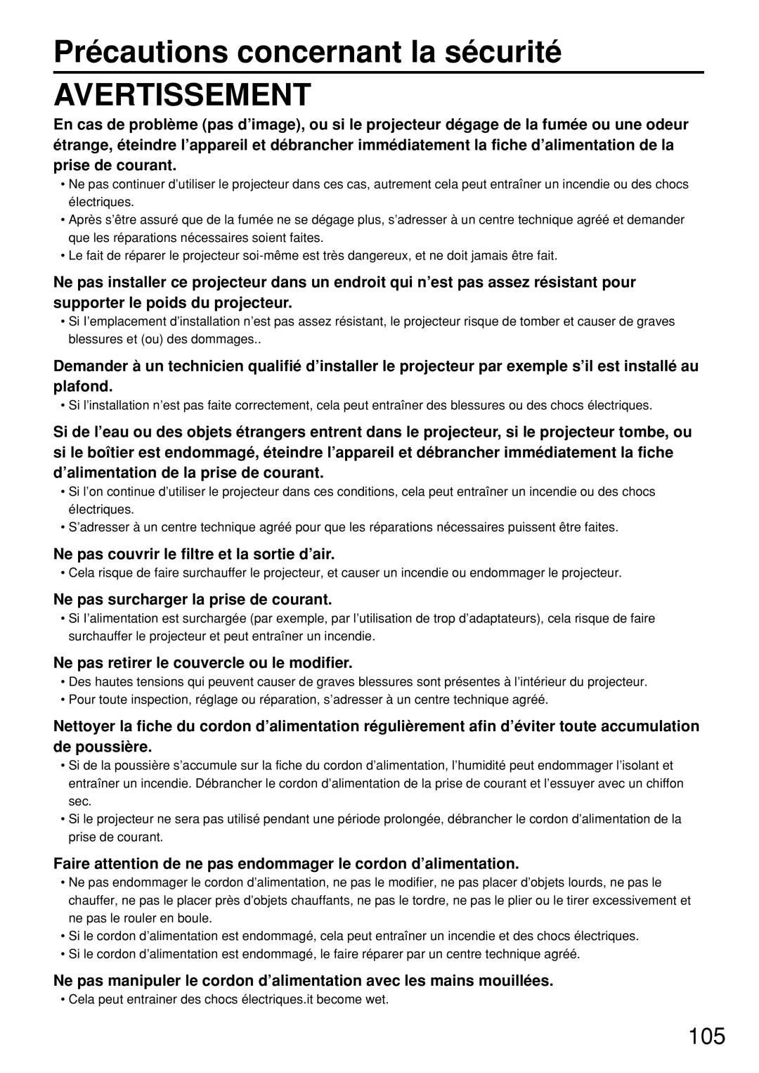 Panasonic PT-D7600U operating instructions Précautions concernant la sécurité, Ne pas couvrir le filtre et la sortie d’air 