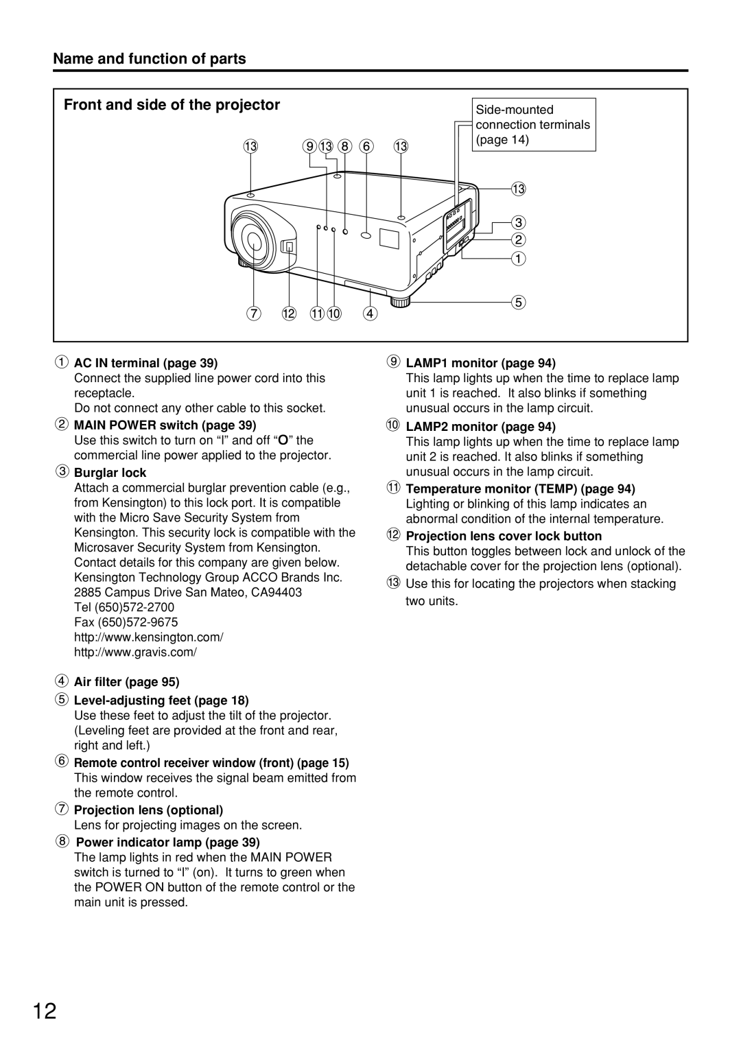 Panasonic PT-D7600U operating instructions Name and function of parts Front and side of the projector 