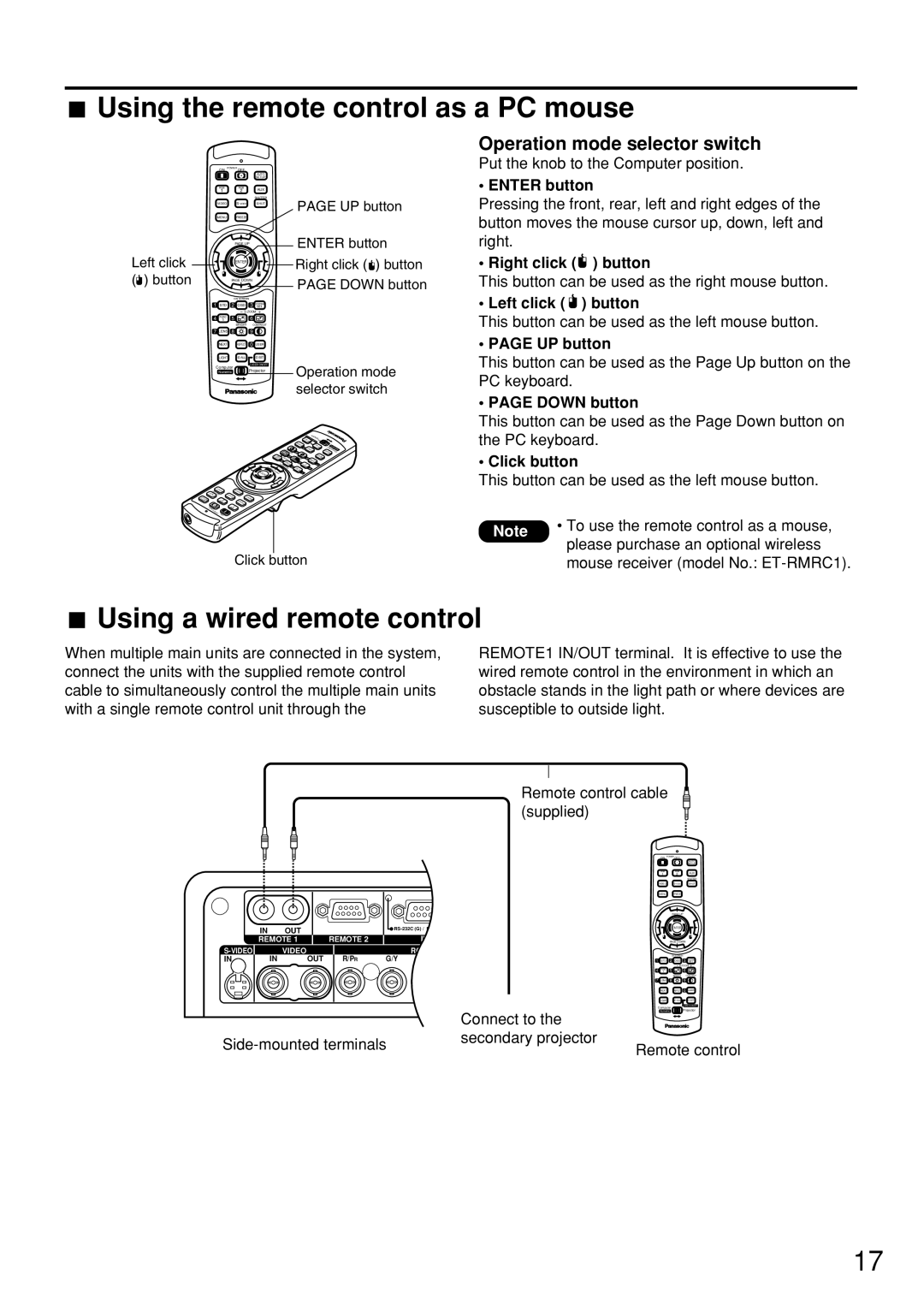 Panasonic PT-D7600U Using the remote control as a PC mouse, Using a wired remote control, Operation mode selector switch 