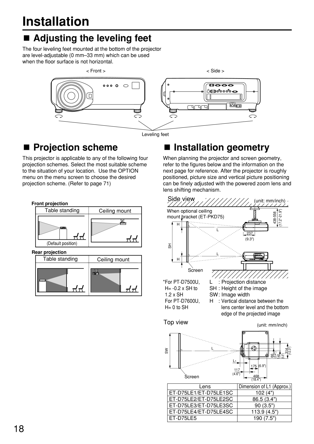 Panasonic PT-D7600U operating instructions Adjusting the leveling feet, Projection scheme Installation geometry 