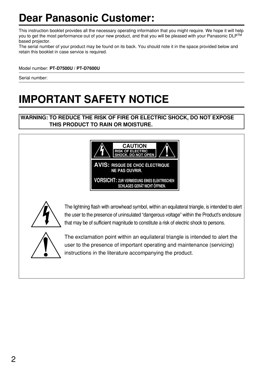 Panasonic operating instructions Dear Panasonic Customer, Model number PT-D7500U / PT-D7600U, Serial number 