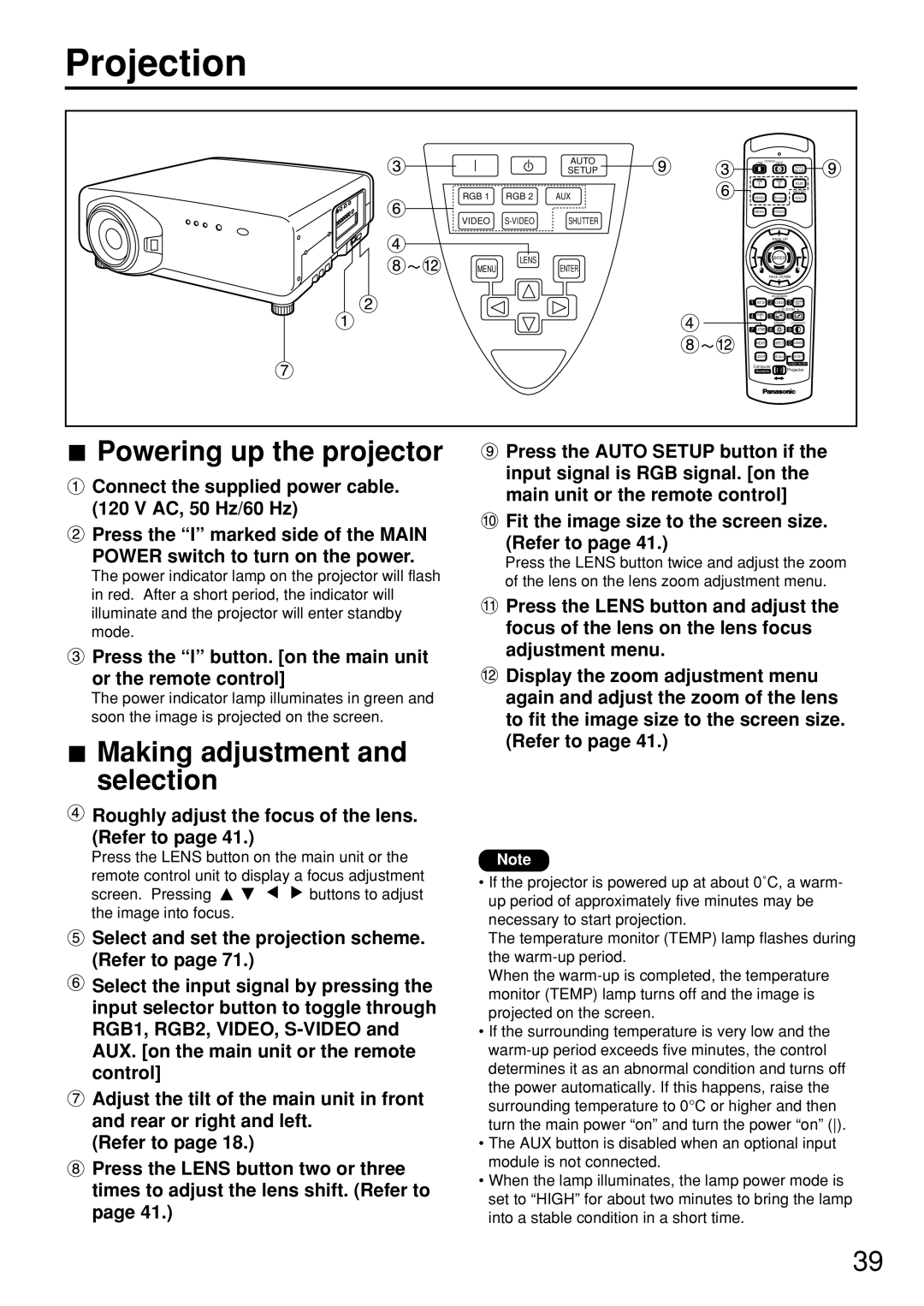 Panasonic PT-D7600U operating instructions Projection, Powering up the projector, Making adjustment and selection 